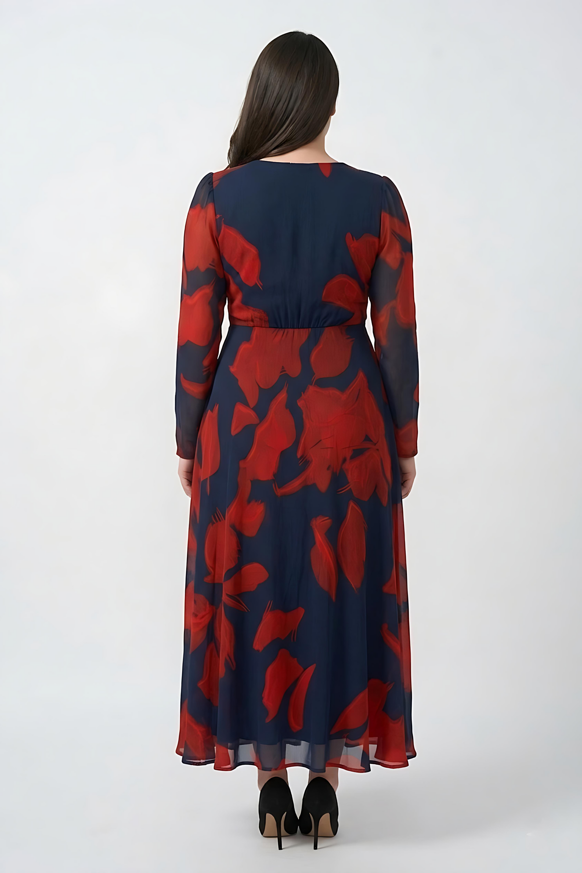 Plus size chinon ankle-length dress with a fluid, non-clingy drape that falls smoothly over curves with ease