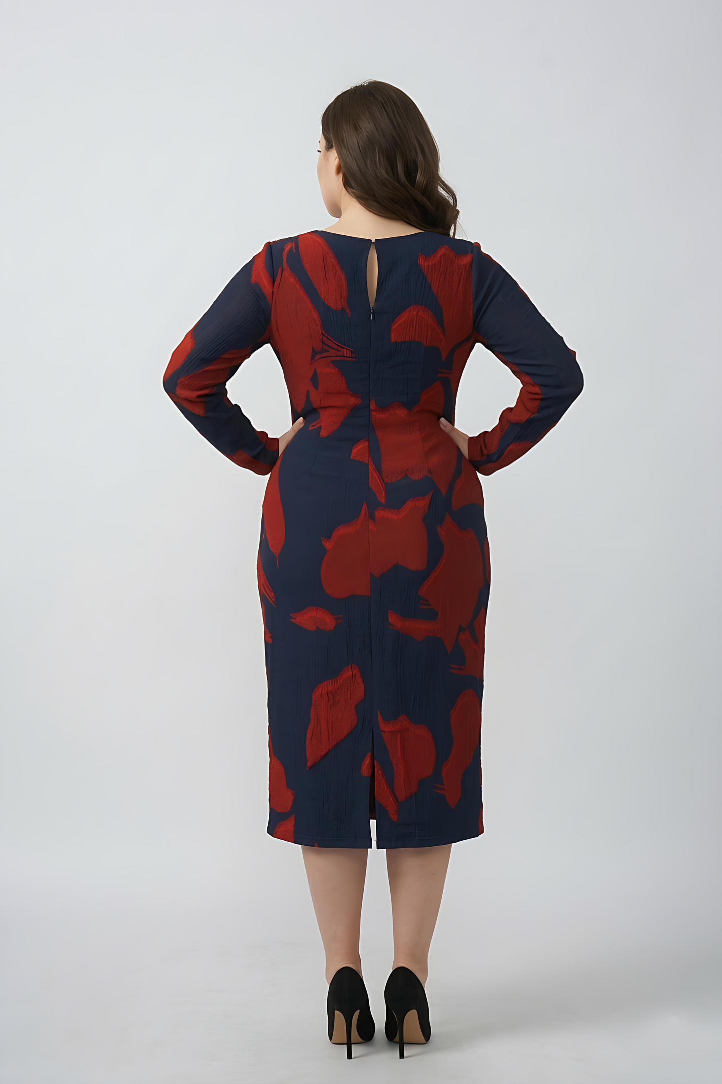 Plus size chinon midi dress with a fluid, non-clingy drape that falls smoothly over curves with ease