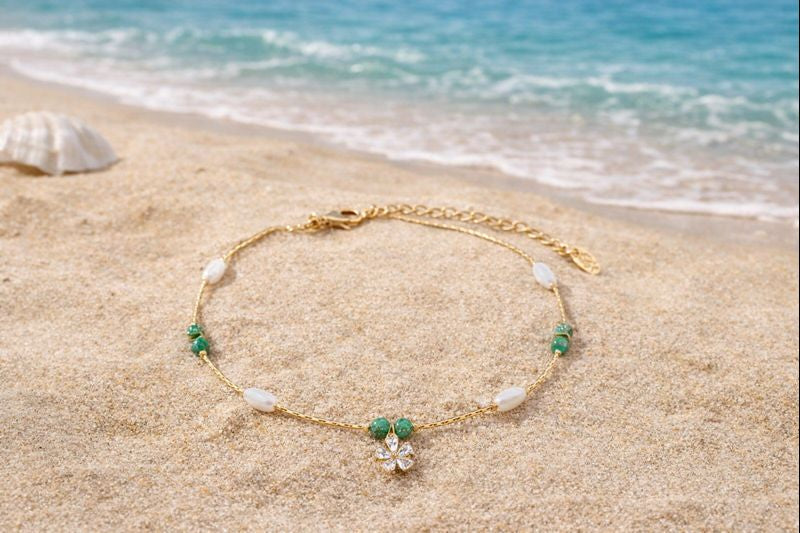 Five-Leaf Flower Anklet – Olive Green