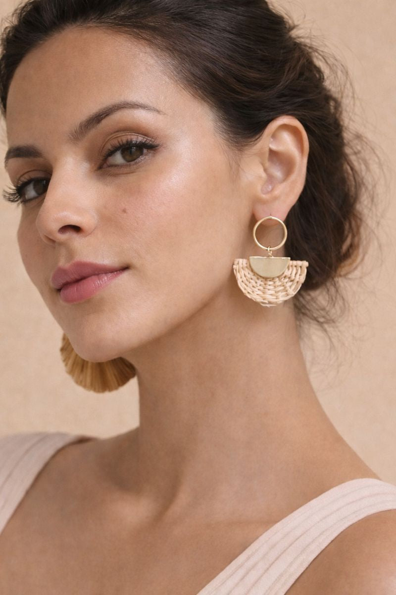 Rattan Fan Drop Earrings – Beige