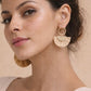 Boho woven rattan fan earrings with a gold hoop post, styled on a model for a chic summer or tropical look.