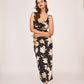 All-over floral print ankle-length satin dress with a smooth, elegant finish