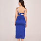 Back view of a blue satin midi dress with a back zip closure and clean silhouette