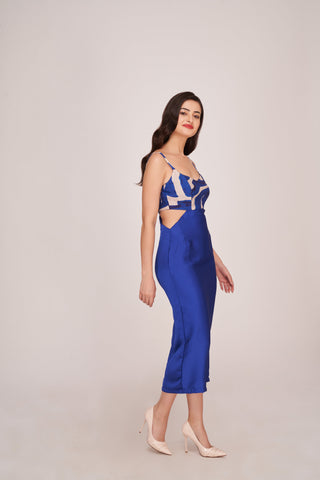 V-neck satin midi dress in blue, ideal for date nights and stylish social gatherings