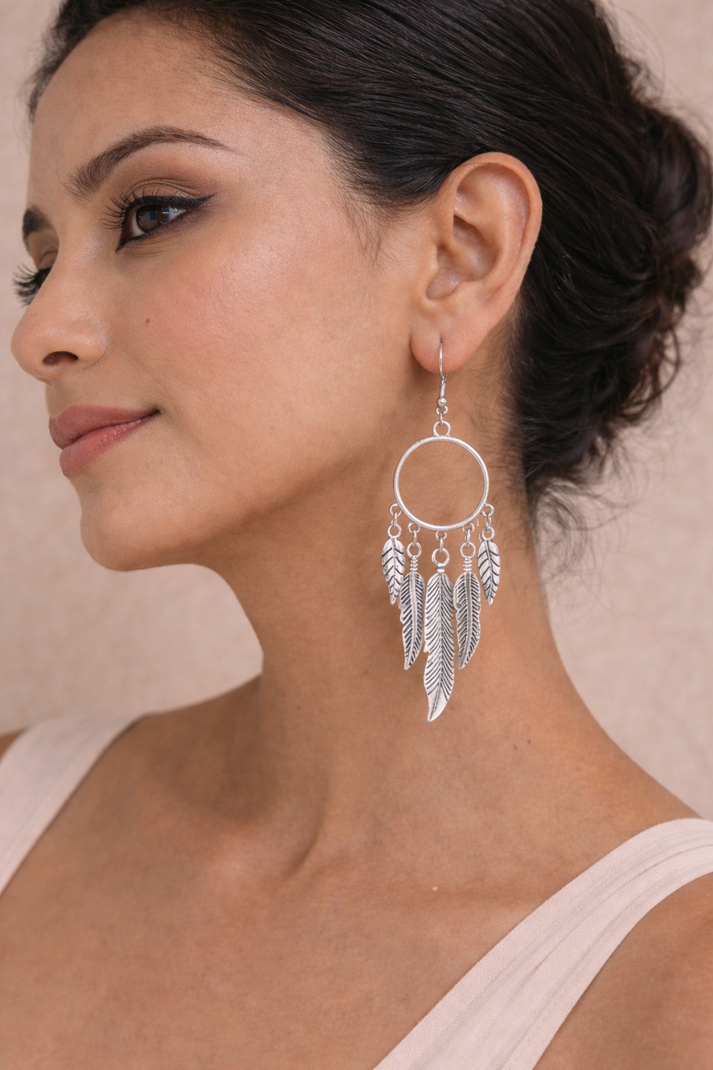 Feather Hoop Drop Earrings – Silver