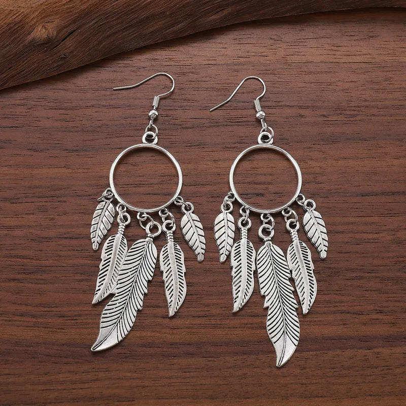 Feather Hoop Drop Earrings – Silver