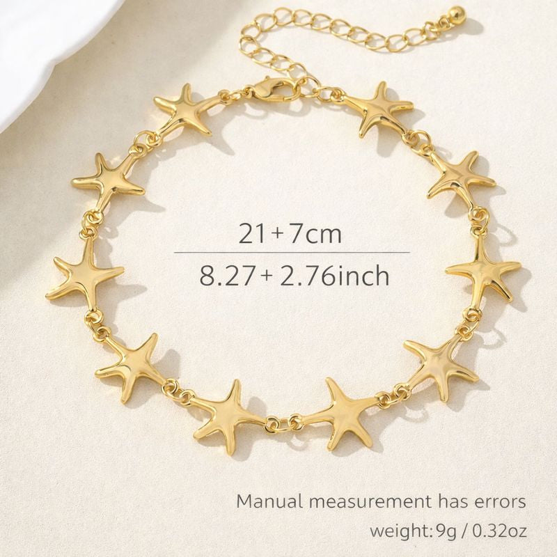 A high-quality gold-toned starfish anklet with an adjustable 22cm plus 5cm chain, ensuring a comfortable and secure fit for all-day wear