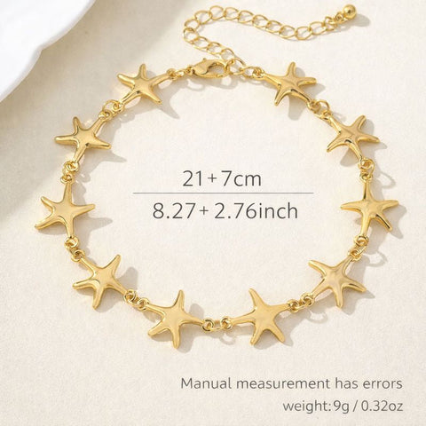 A high-quality gold-toned starfish anklet with an adjustable 22cm plus 5cm chain, ensuring a comfortable and secure fit for all-day wear
