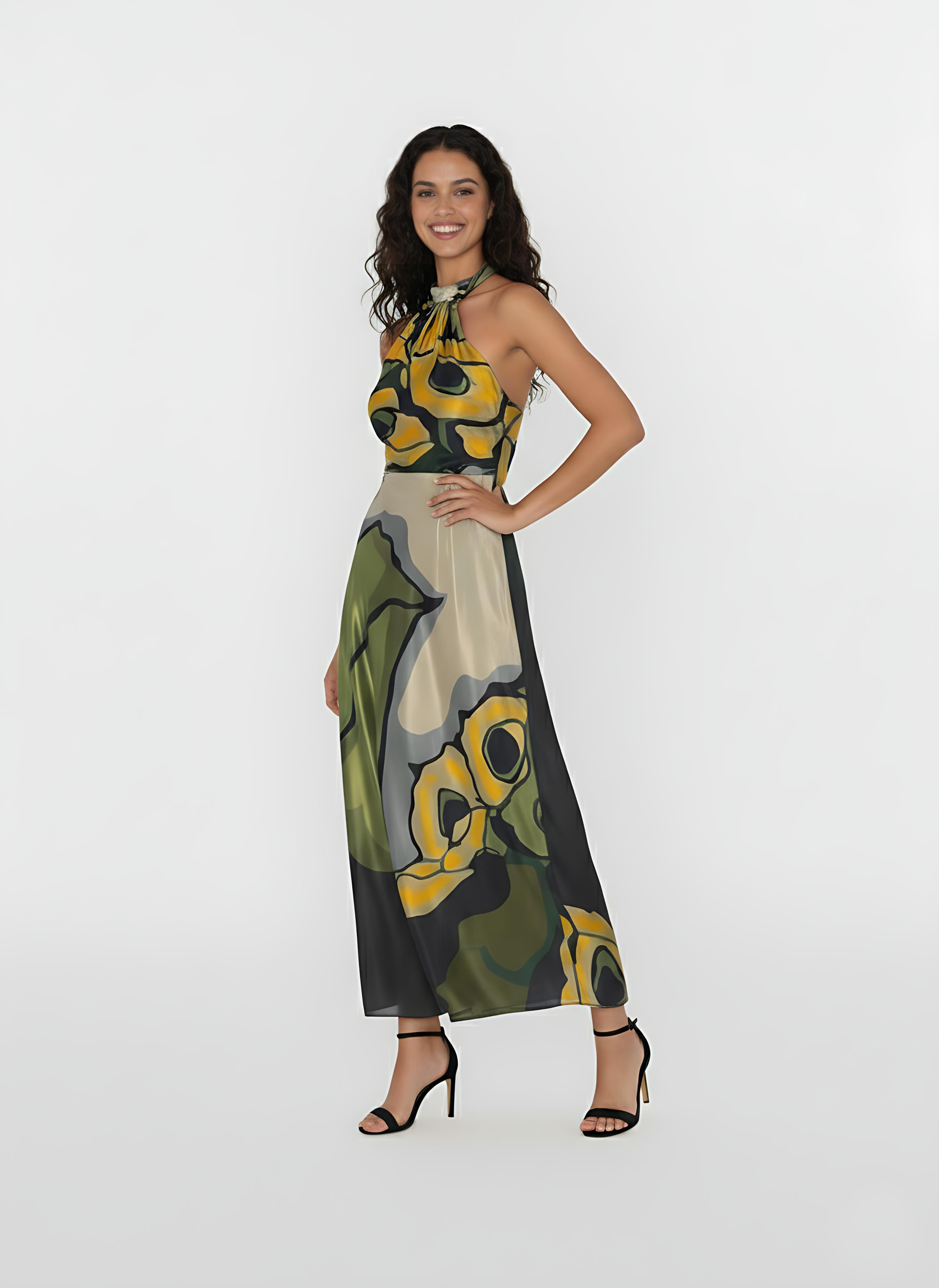 Golden Flora Halter Dress