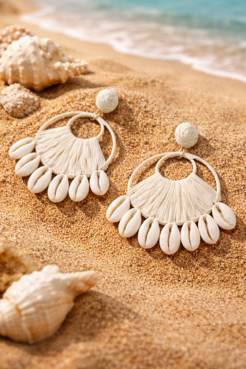 Raffia Shell Drop Earrings – White