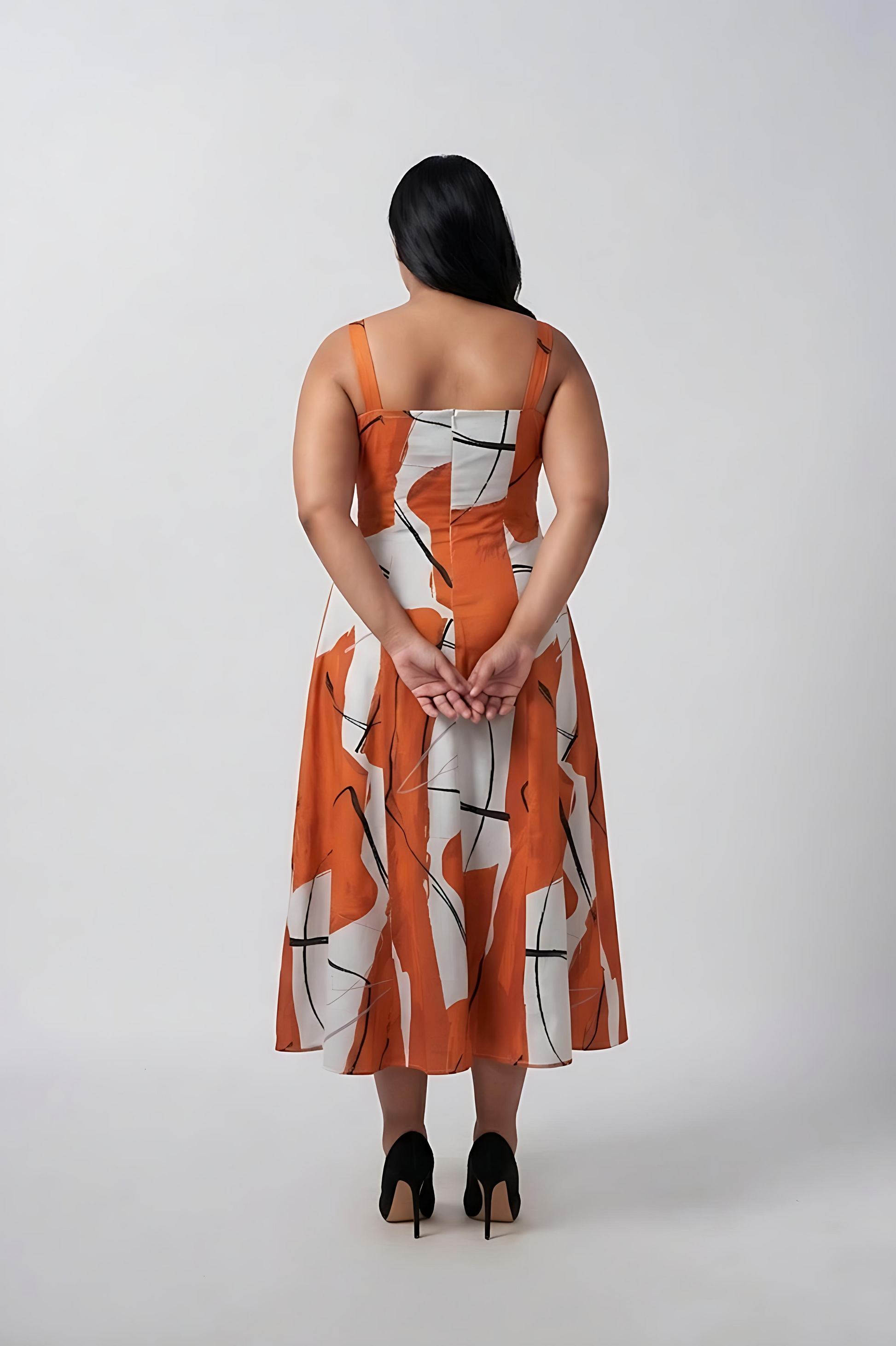 XL abstract print midi dress in cotton satin, perfect for parties, celebrations, and special occasions