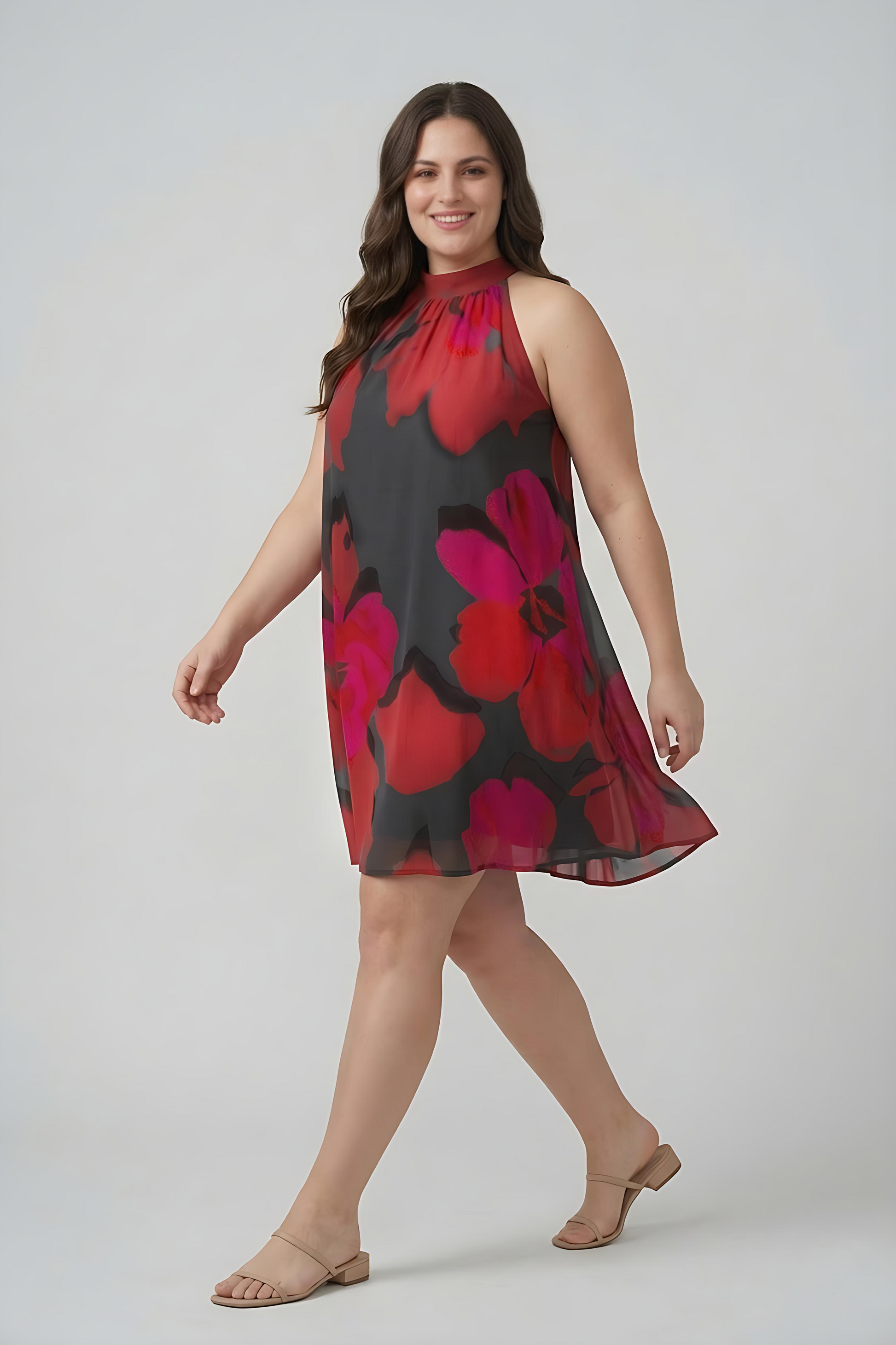 XL floral chinon knee-length dress, perfect for parties, vacations, and evening plans