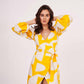 Wrap-neck yellow cotton satin dress with full sleeves, ideal for vacations, brunches, and casual celebrations