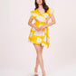 Yellow cotton satin dress with a wrap neckline and sleeveless design